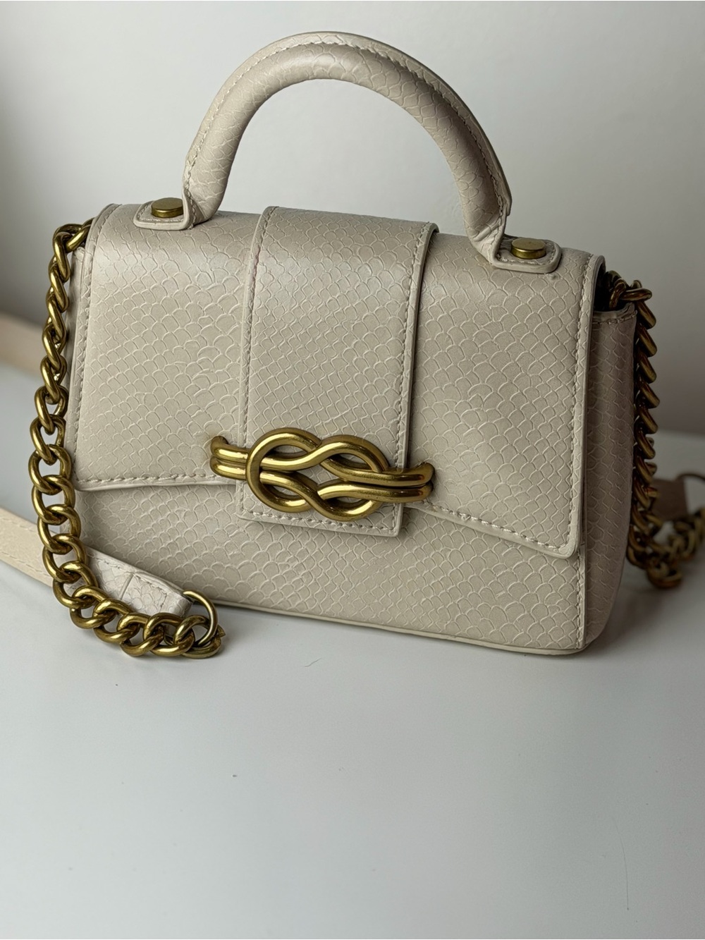 Zara Cream Top-Handle Satchel with Gold Chain Detail